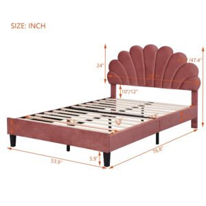 Velvet Full Size Platform Bed with Flower Pattern Headboard, Upholstered Full Bed Frame with Wood Slat Support for Bedroom, Easy Assembly, Noise-Free, No Box Spring Needed, Bean Paste Red