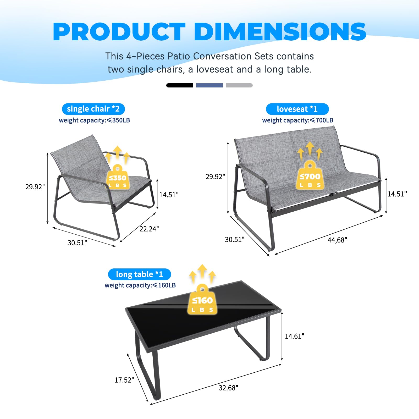 DUMOS 4 Pieces Patio Furniture Set Outdoor Patio Conversation Sets Poolside Lawn Chairs with Glass Coffee Table Porch Furniture for Courtyard, Garden and Balcony (Grey)