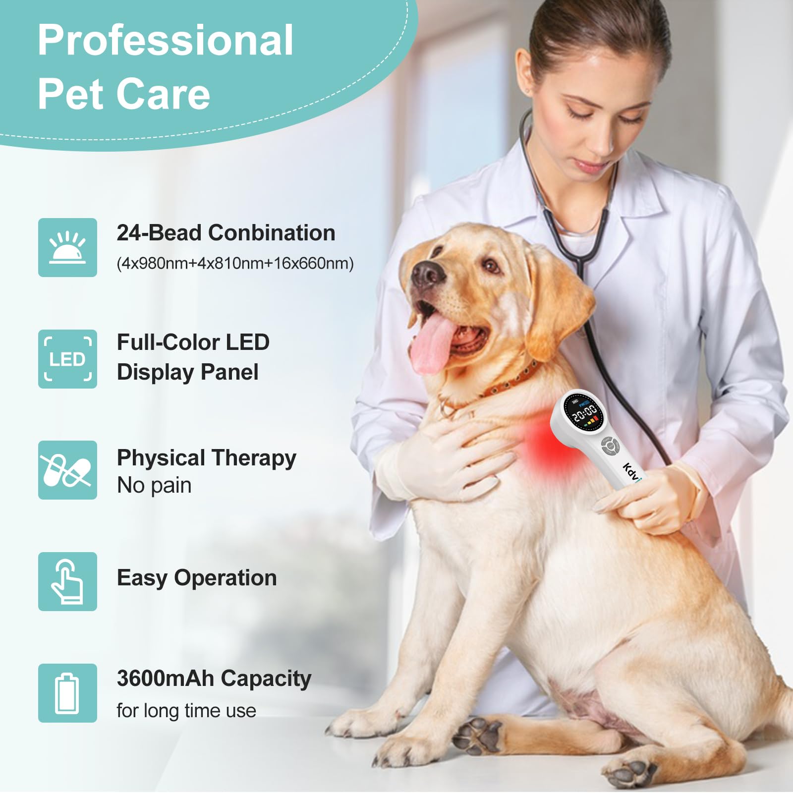 Kdvioo Cold Laser Therapy Device for Dogs, 16pcs 660nm & 4pcs 810nm & 4pcs 980nm Infrared Red Light Therapy Machine for Pain Relief, Arthritis, Spinal, Promote Blood Circulation, for Pets