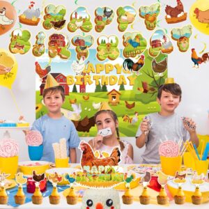 Chicken Birthday Decorations Chicken Party Supplies Set with Chicken Birthday Banner Backdrop Spirals Cake Cupcake Toppers Balloons for Chicken Party Decorations Farm Baby Shower Decorations