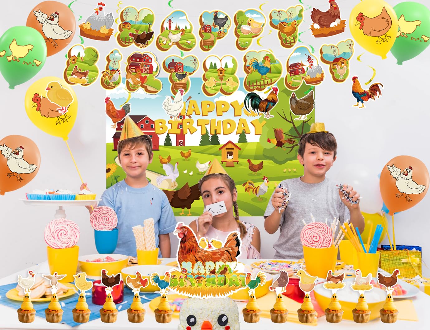 Chicken Birthday Decorations Chicken Party Supplies Set with Chicken Birthday Banner Backdrop Spirals Cake Cupcake Toppers Balloons for Chicken Party Decorations Farm Baby Shower Decorations