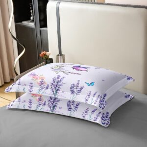 Manfei Lavender 100% Organic Cotton Comforter Cover Purple Flower Butterfly Duvet Cover Set Queen Size for Bedroom Botanical Floral Wild Plants Bedding Set with 2 Pillowcases