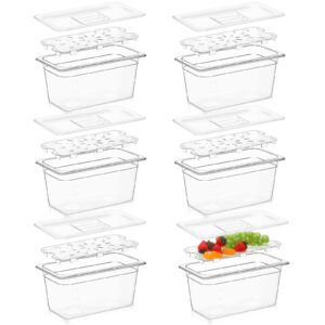 sunnyray 6 set 1/3 size polycarbonate food pans with lids and drain shelf clear square food storage containers for kitchen restaurant fruit vegetable food container and storage (6 inch deep)