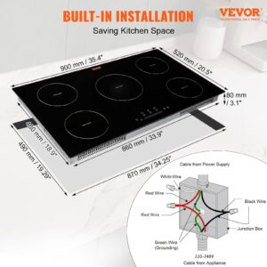 VEVOR Electric Cooktop, 5 Burners, 36'' Induction Stove Top, Built-in Magnetic Cooktop 9200W, 9 Heating Level Multifunctional Burner, LED Touch Screen w/Child Lock & Over-Temperature Protection