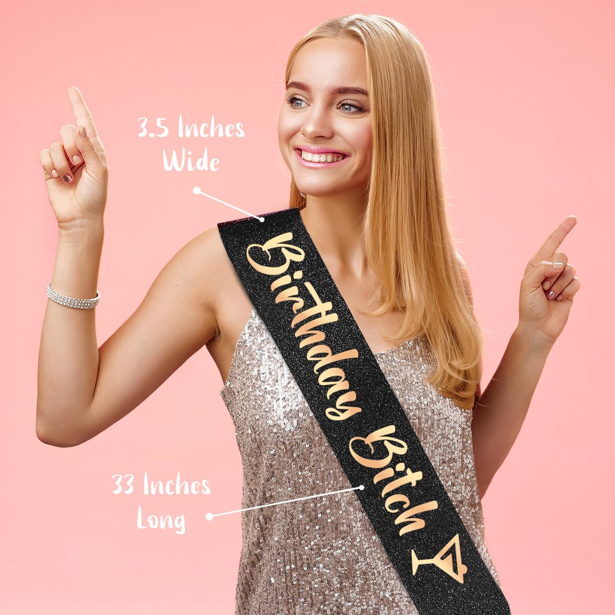 PartyForever Birthday Decoration Sash for Women Black 32 inch Long Sash with Rose Gold Birthday Bitch Letters for 21st, 30th, 40th or 50th Birthday