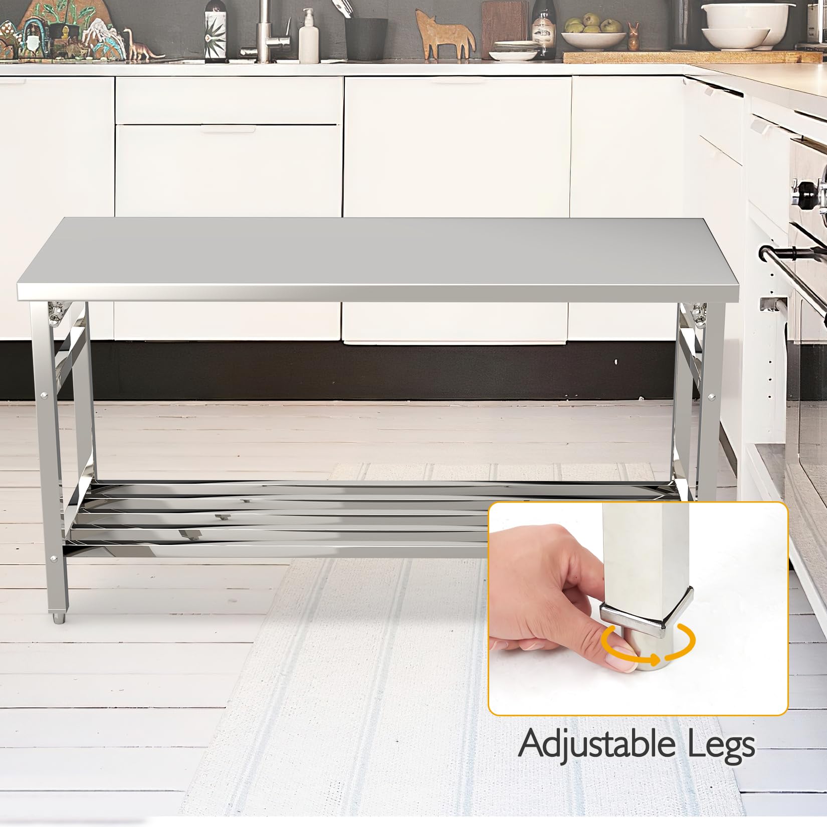 Stainless Steel Table, 24 x 60 Inches Folding Heavy Duty Table for Kitchen, Commercial Stainless Steel Prep Table with Adjustable Undershelf, for Restaurant, Home and Hotel