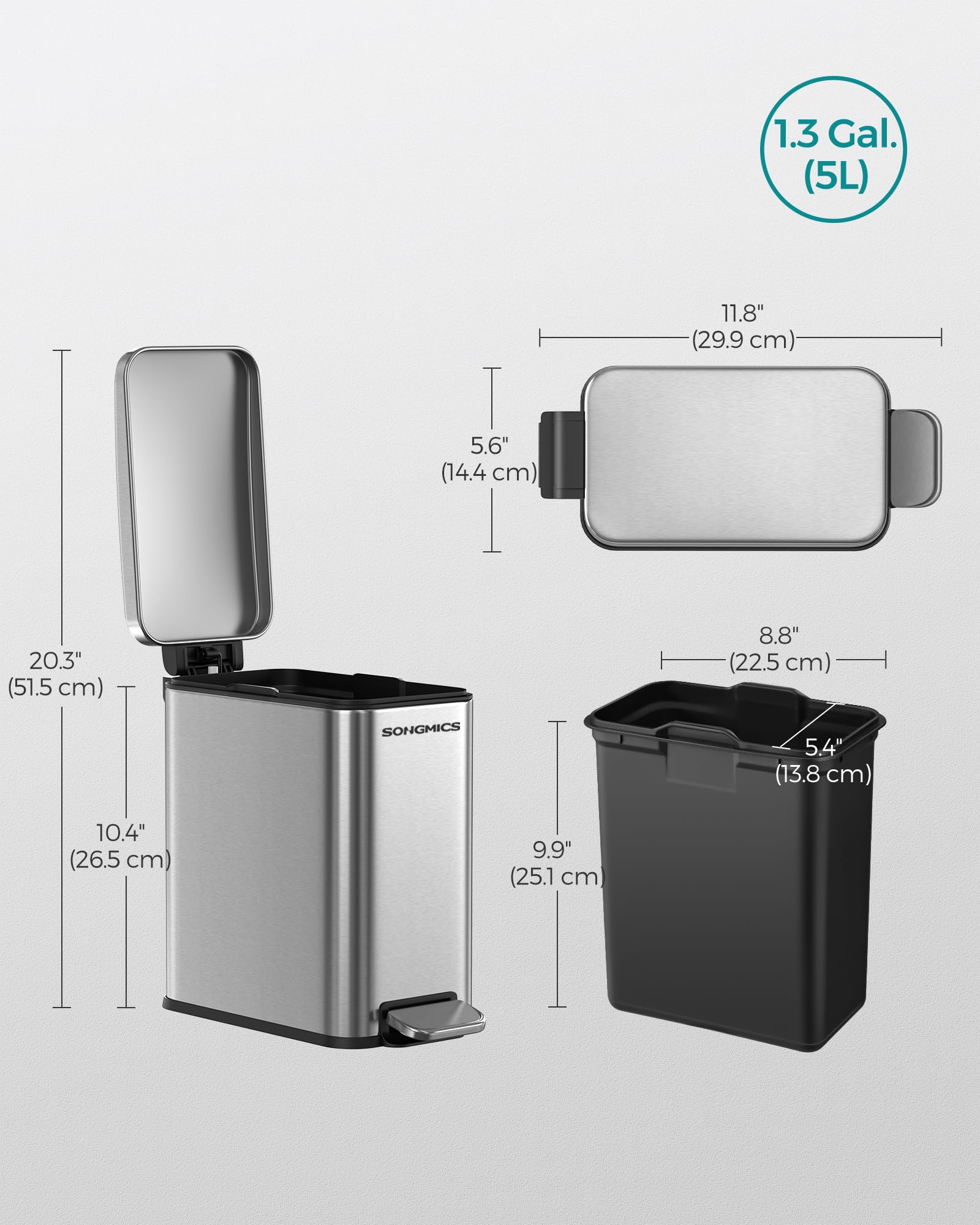 SONGMICS Bathroom Trash Can and Toilet Brush Set, 1.3 Gallon Small Trash Bin with Lid, Slim for Small Spaces, Stainless Steel Garbage Can, Soft Close, Silver ULTB560E0501