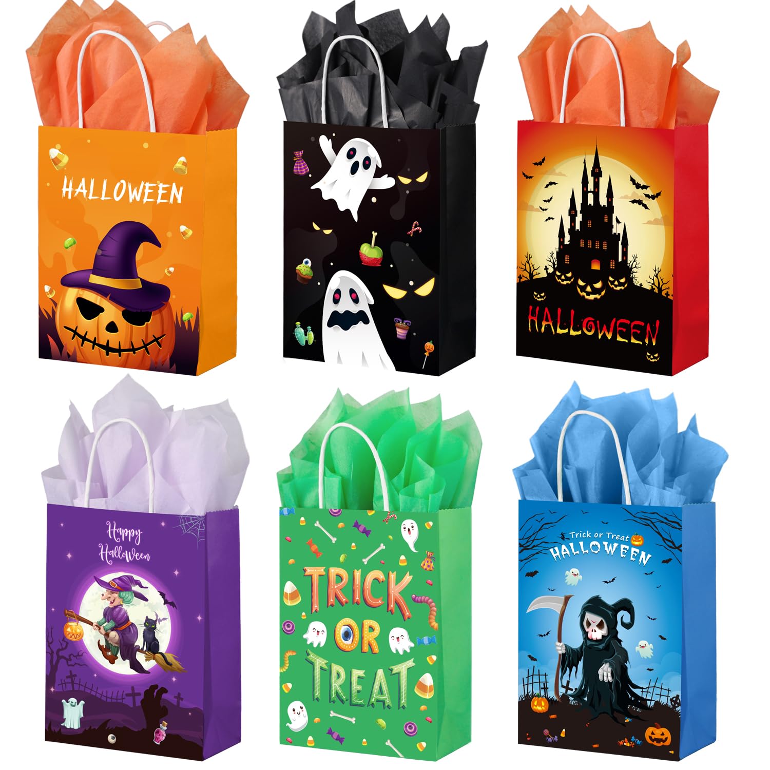 PINWATT 24Pcs Halloween Paper Gift Bags with Tissues - Halloween Goodie Bags with Handles Trick or Treat Candy Bags for Kids Party Favor