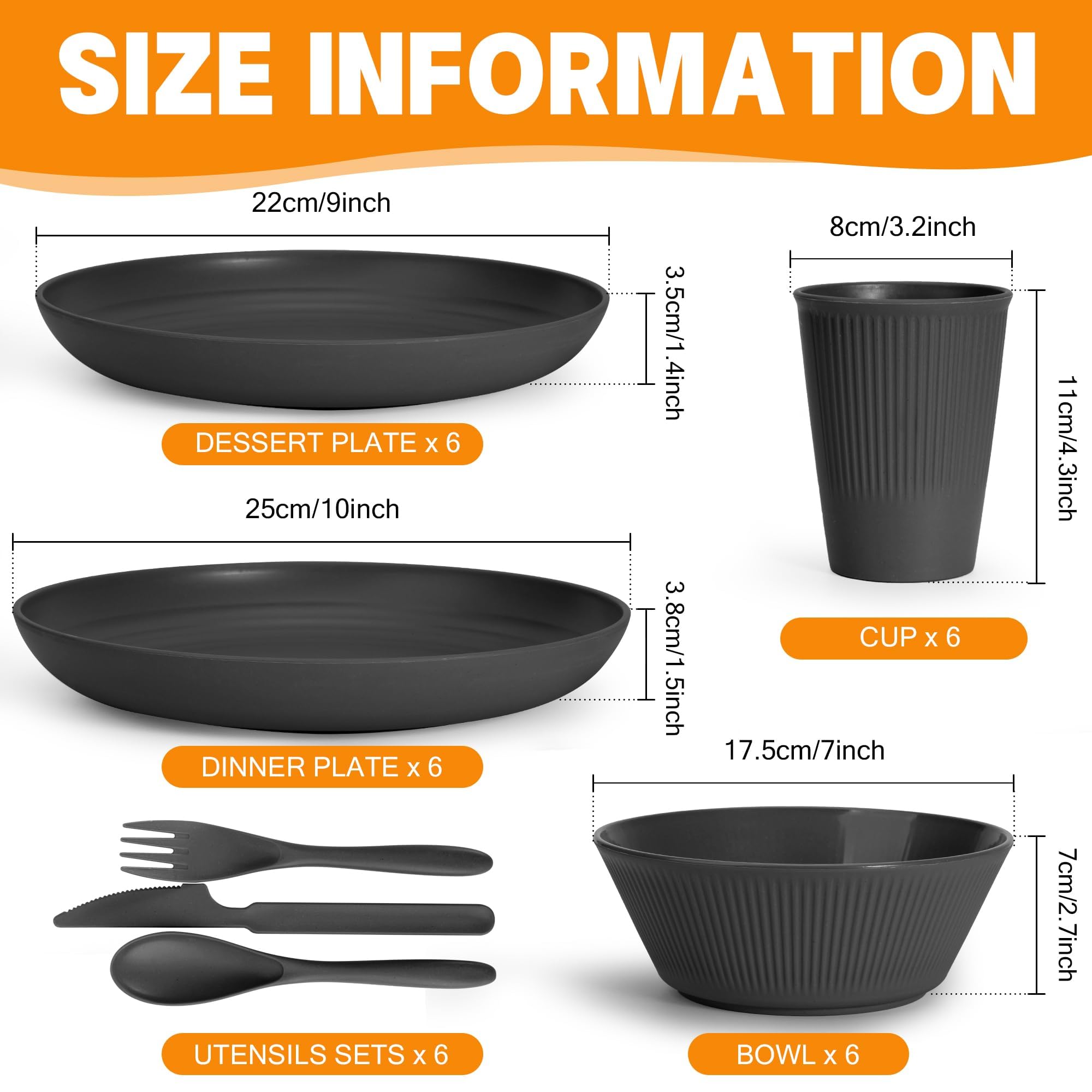 42 Pieces Wheat Straw Dinnerware Set - OAMCEG Plastic Dinner Set for 6, Kitchen Plates and Bowls Set, College Dorm Microwave Dishes, Unbreakable Plastic Outdoor Camping Dishes, Black