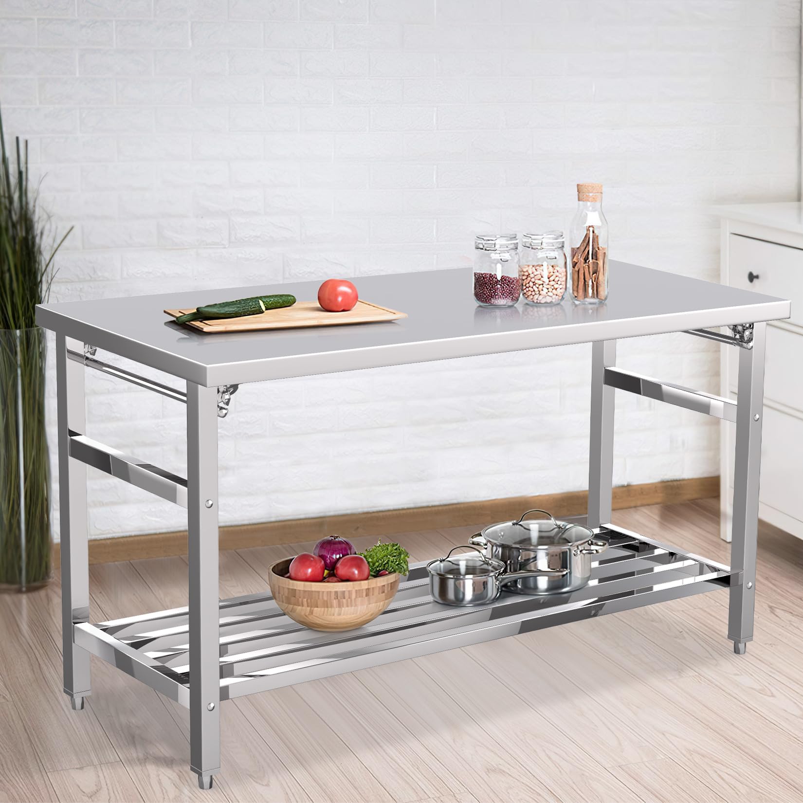 Stainless Steel Table, 24 x 60 Inches Folding Heavy Duty Table for Kitchen, Commercial Stainless Steel Prep Table with Adjustable Undershelf, for Restaurant, Home and Hotel