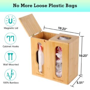 Grocery Bag Holder & Trash Bag Dispenser-2 in 1-Bamboo Plastic Bag Holder with Large Storage Capacity and Wall-Mounted Design, Grocery Plastic Bag Dispenser for Kitchen and Laundry Room Organization