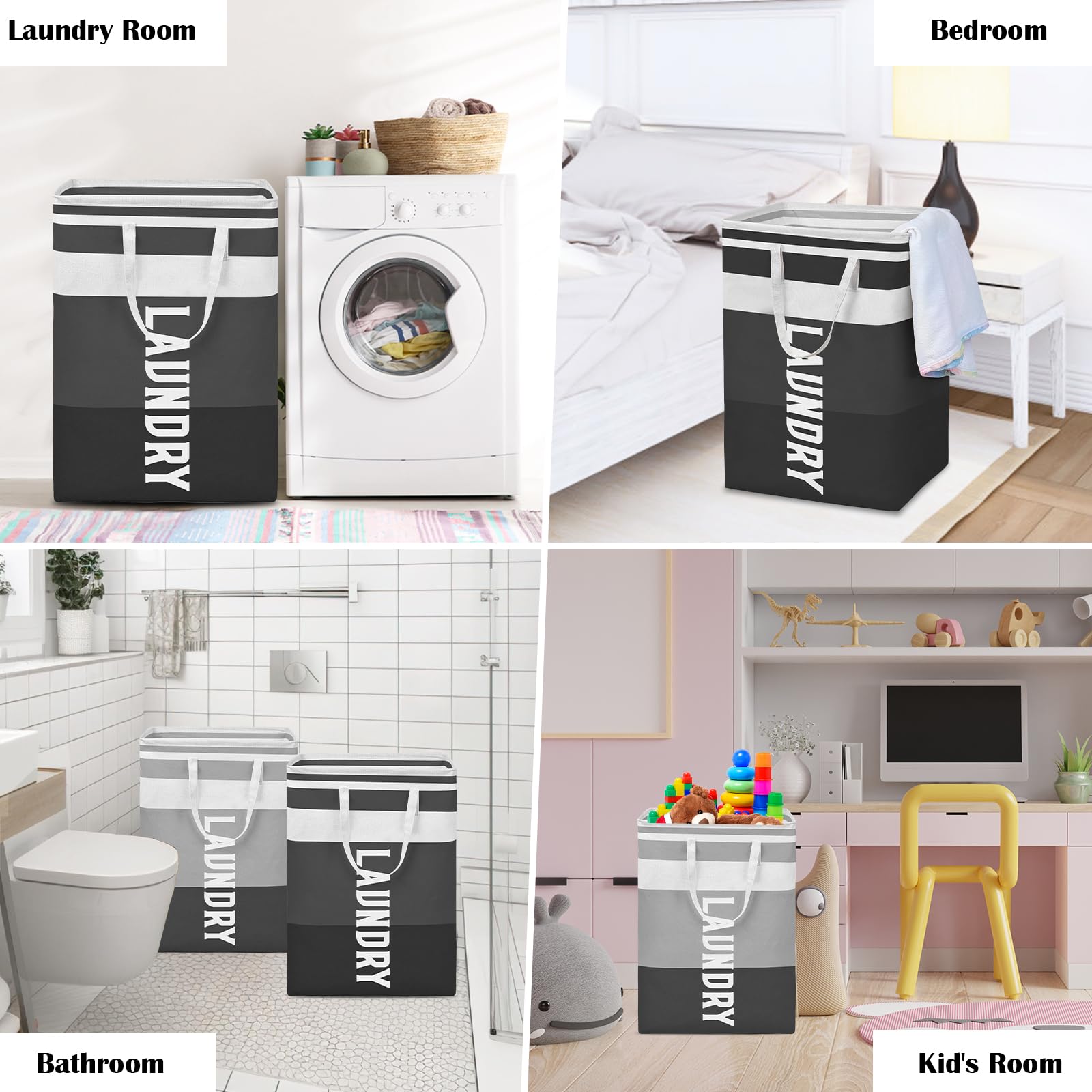 2-Pack 75L Laundry Hamper Collapsible Waterproof Laundry Basket with Easy Carry Handles Freestanding Tall Clothes Hampers for Laundry Bedroom Bathroom Black & Gray