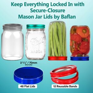 Regular Mason Jar Lids & Rings – 60 Pc. Replacement Mason Jar Lids Set of 48 Lids & 12 Bands – Colorful Baflan-Brand Kerr & Ball Mason Jar Lids with Regular Mouth for Canning Supplies, Crafts, & More