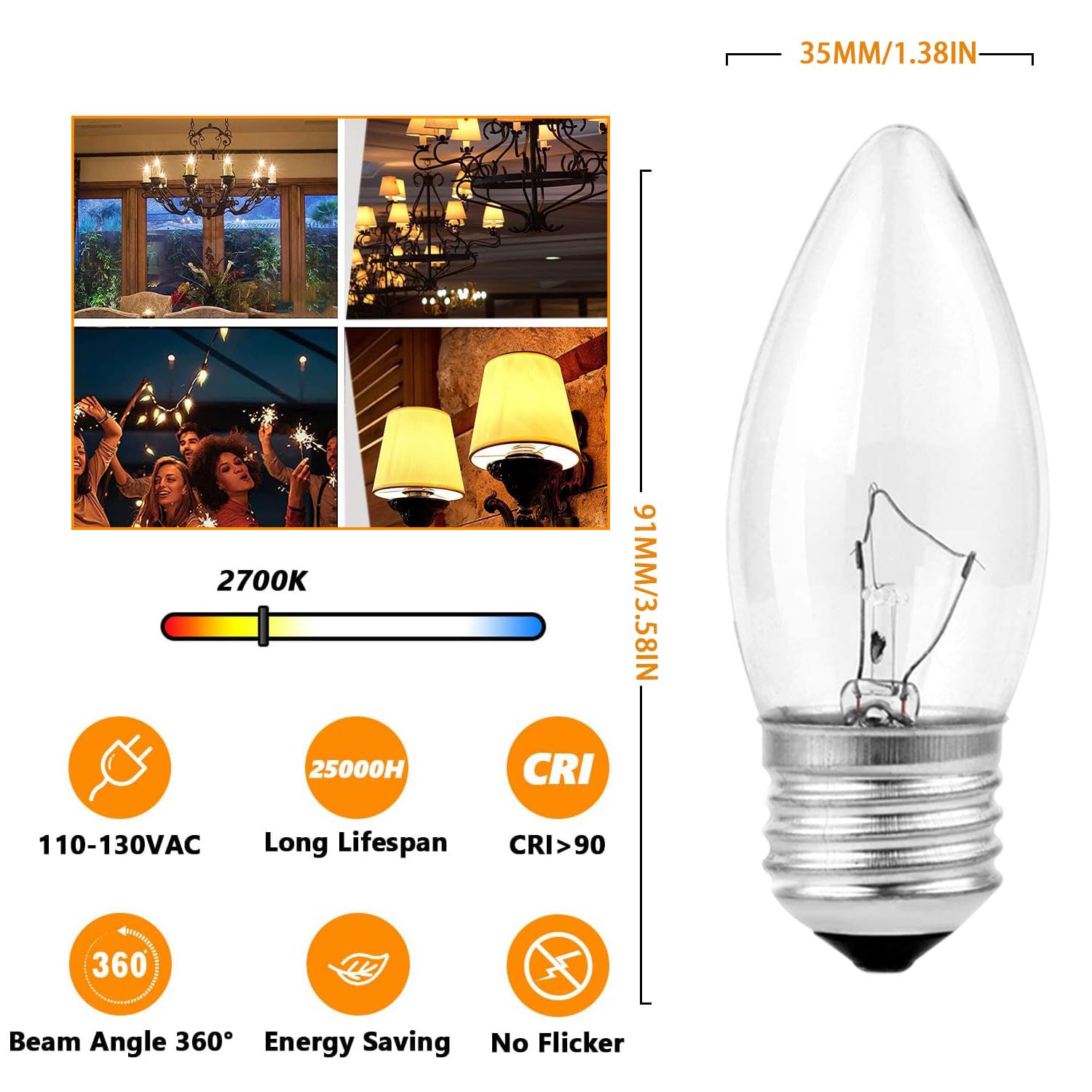 40W Incandescent Chandelier Bulbs - Crystal Clear, Torpedo Tip, Medium E26 Candelabra Base, Ideal for Chandeliers and Pendants, GE 40 Watt Equivalent, Soft White Light - 10 Pack