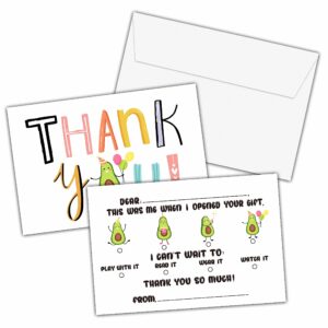 kfner kids thank you cards, avocado themed fill in the blank thank you card, guacamole thank you notes for boys girls, birthday party favors supplies (25 set of cards with envelopes) - a03