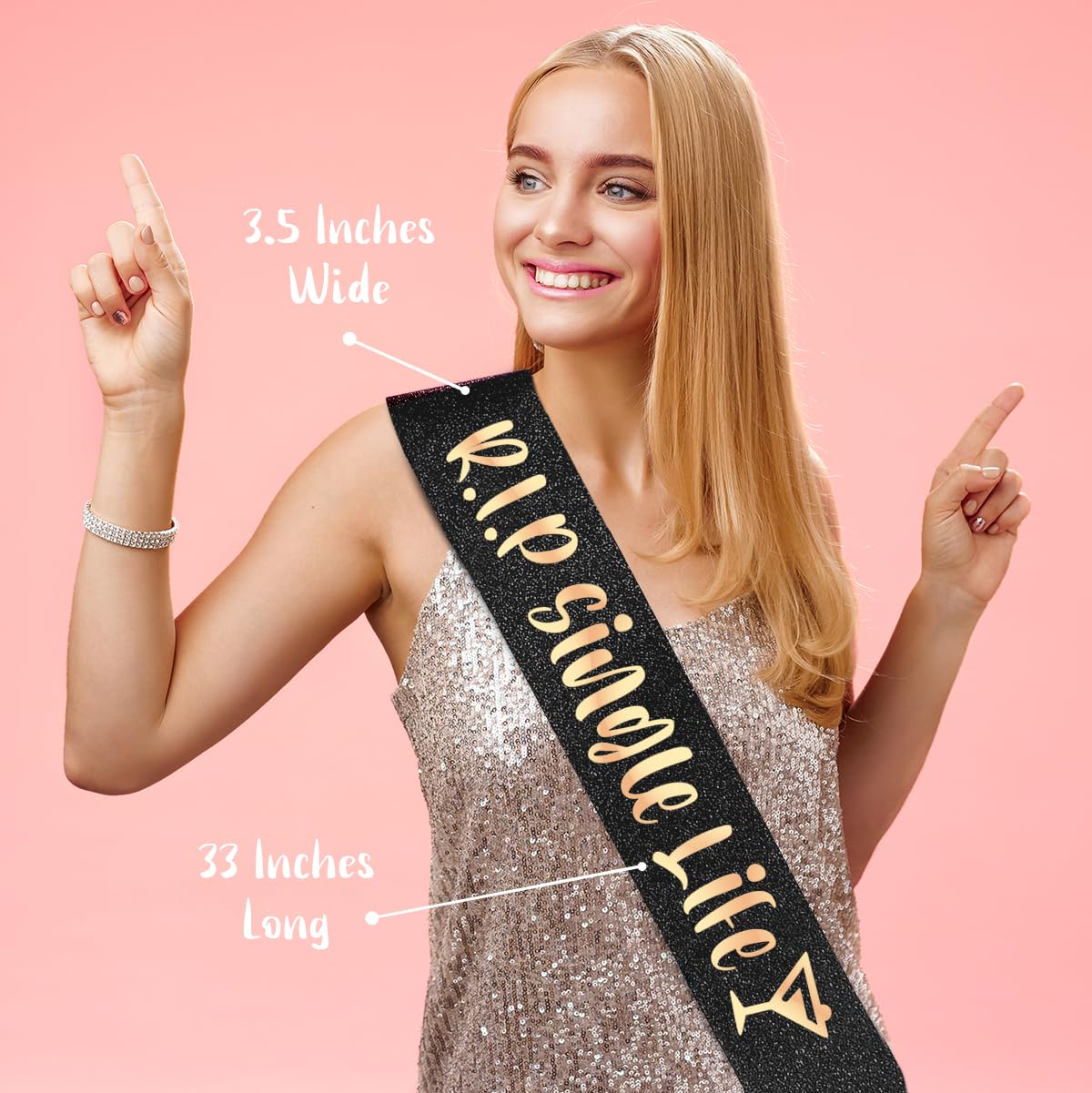 PartyForever Bachelorette Party Decorations Sash for Women RIP Single Life Black 32 inch Long with Rose Gold Letters for Her