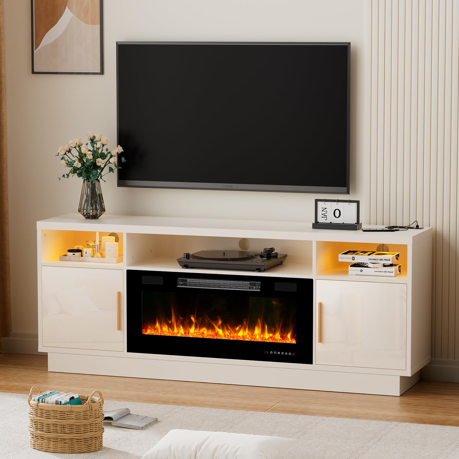 Kucreiheat 70'' TV Stand with 36'' Fireplace-LED Light Entertainment Center for 75+ inch TV-White TV Cabinet with Storage, Modern TV Console for Living Room