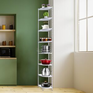 vdomus | 8 tier kitchen corner shelf - stainless steel corner shelves standing - tall organizer unit for pot, dish, vegetable, and fruit rack - effortless portability - easy assembly (white)