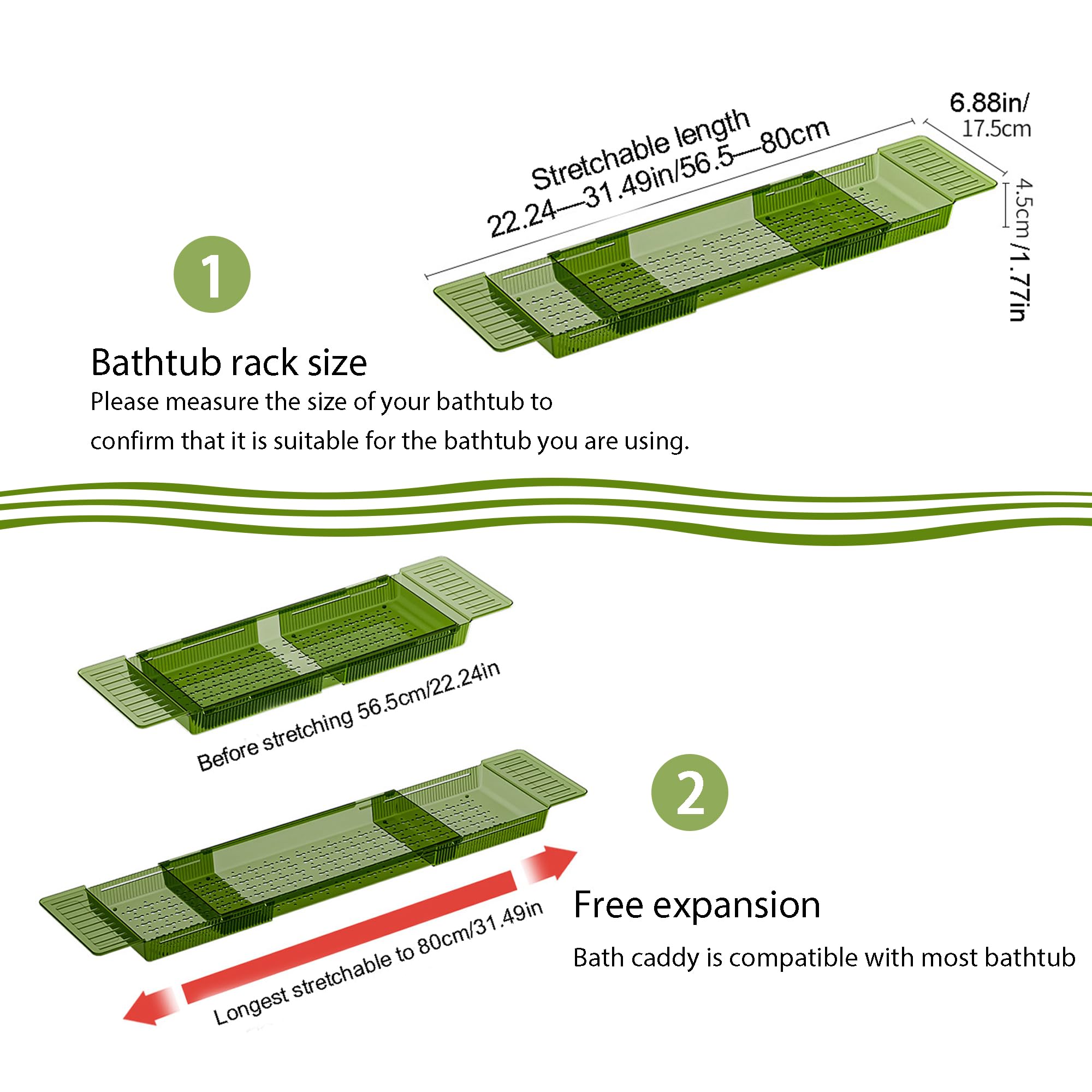 Bathtub Tray Table, Adjustable Bath Tray for Tub, Bath Accessories, Deluxe Bathroom SPA Bath Tray, Expandable Drain Bath Shelf Caddy Tray with Anti-Slip mat, Fits Most Tubs(Transparent Green)