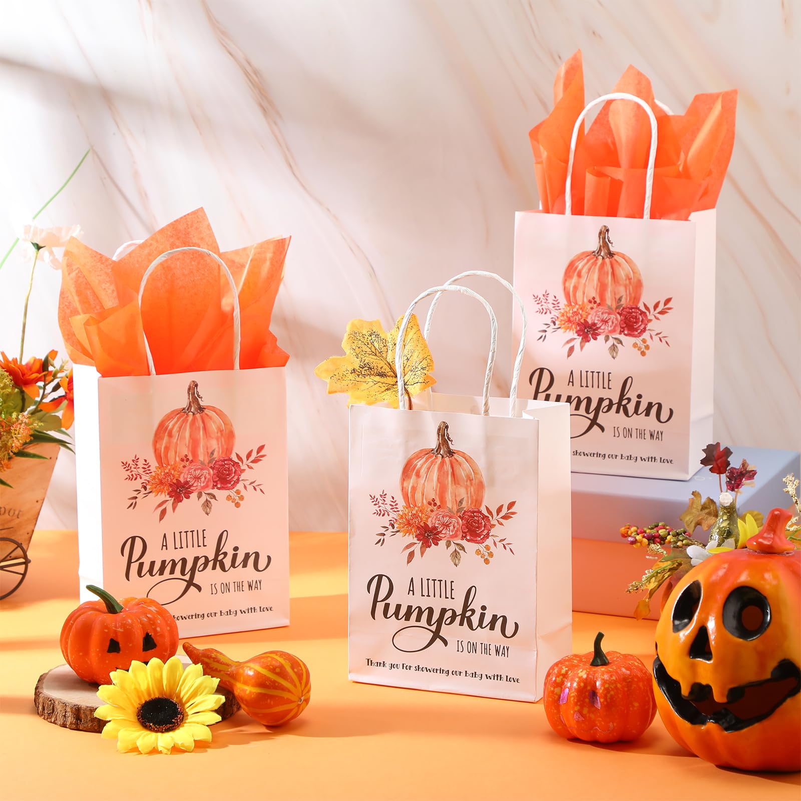 Cholemy 25 Set Pumpkin Gift Bags A Little Pumpkin Is On The Way Gift Bags with Tissue Paper Fall Gift Bags Baby Shower Candy Bags