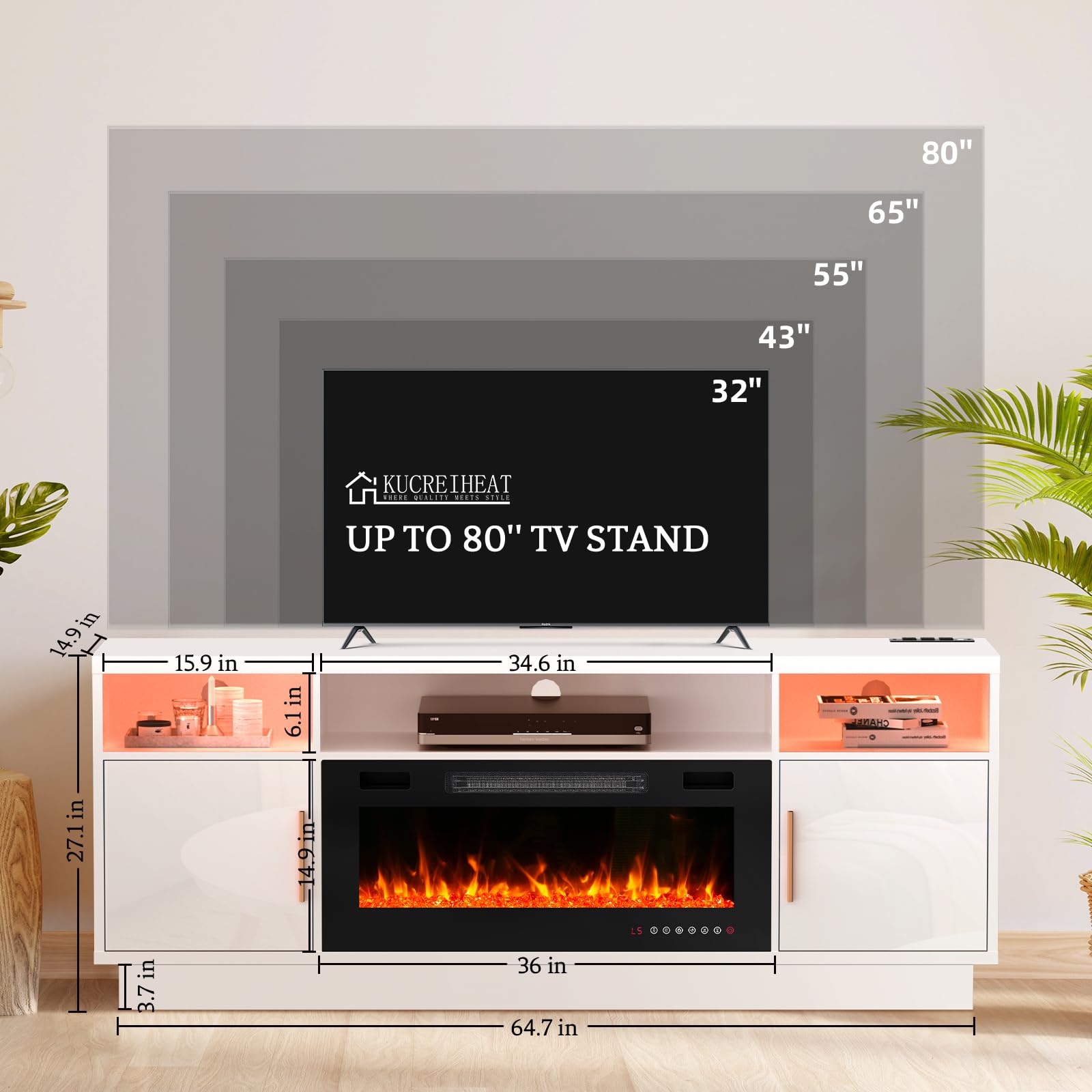 Kucreiheat 70'' TV Stand with 36'' Fireplace-LED Light Entertainment Center for 75+ inch TV-White TV Cabinet with Storage, Modern TV Console for Living Room