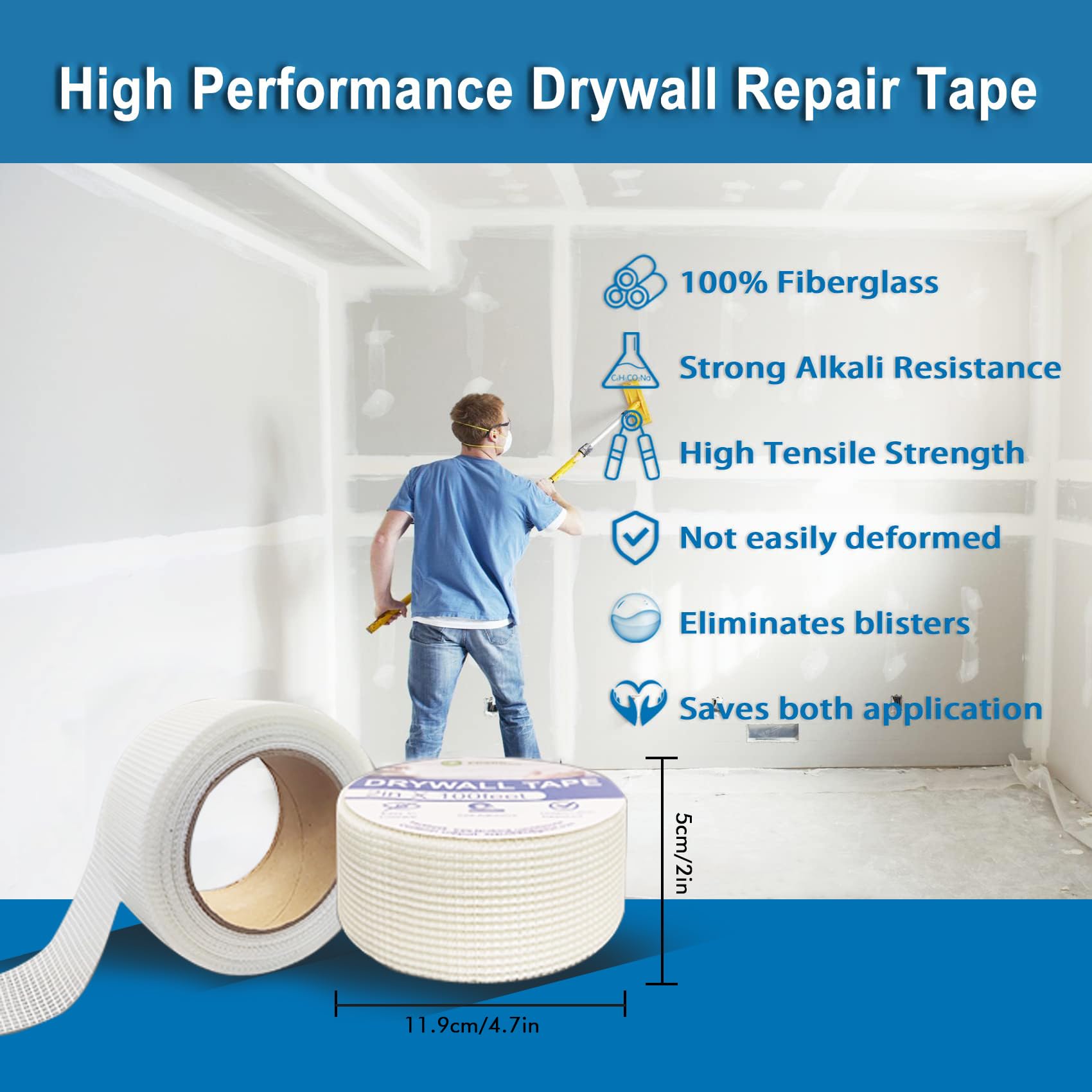 EDSRDRUS 2in100ft Drywall Repair Tape Crack Tape Drywall, Mesh Drywall Tape High Performance Holding for Self-Adhesive Wall Crack and Seam Patch