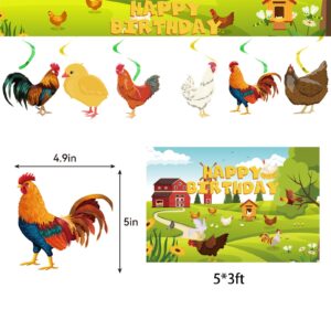 Chicken Birthday Decorations Chicken Party Supplies Set with Chicken Birthday Banner Backdrop Spirals Cake Cupcake Toppers Balloons for Chicken Party Decorations Farm Baby Shower Decorations