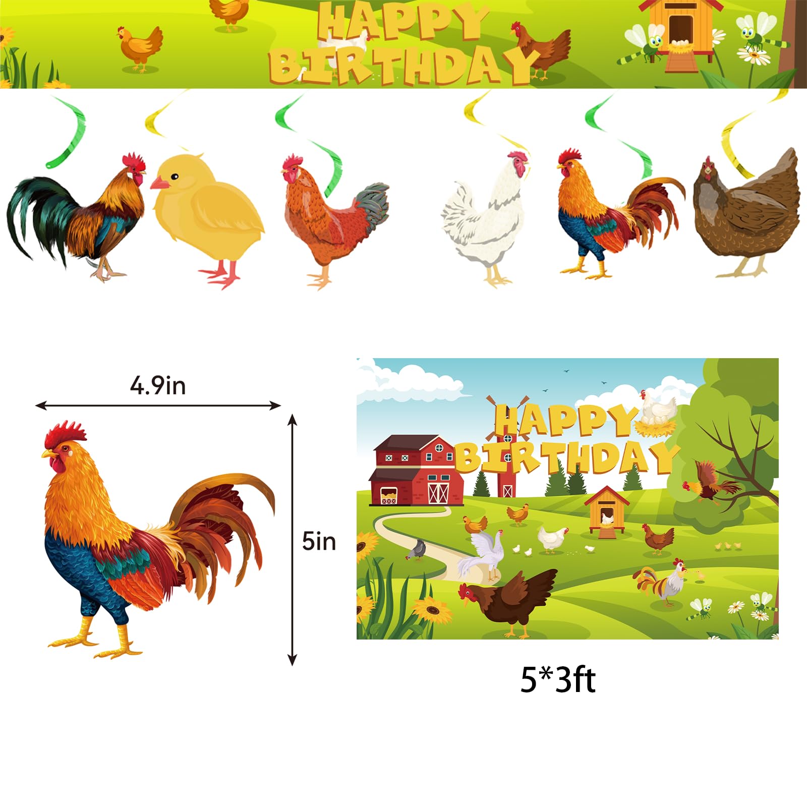 Chicken Birthday Decorations Chicken Party Supplies Set with Chicken Birthday Banner Backdrop Spirals Cake Cupcake Toppers Balloons for Chicken Party Decorations Farm Baby Shower Decorations