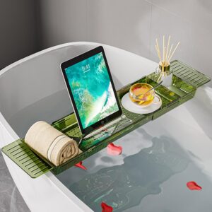 Bathtub Tray Table, Adjustable Bath Tray for Tub, Bath Accessories, Deluxe Bathroom SPA Bath Tray, Expandable Drain Bath Shelf Caddy Tray with Anti-Slip mat, Fits Most Tubs(Transparent Green)