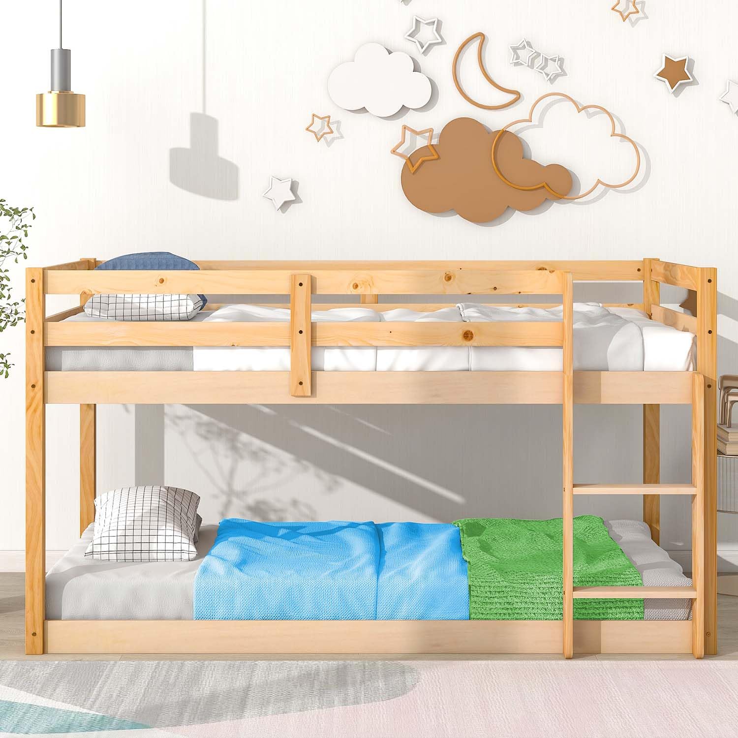 Anwick Twin Over Twin Low Bunk Bed with Stairs and Rails, Wooden Bunk Beds Frame with Safety Guardrail and Slats for Toddlers, Kids, Teens, Boys, Girls, Noise-Free (Natural)