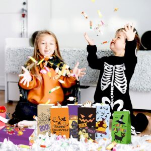 WOONOO 50PCS Halloween Treat Bags Candy Bags for Halloween Party, 10 Styles Paper Halloween Goodie Bags for Party Favors with 50PCS Stickers, Halloween Kids Trick or Treat Gift Bags Party Supplies