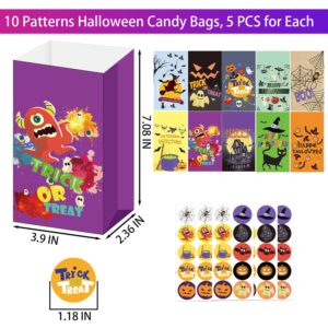 WOONOO 50PCS Halloween Treat Bags Candy Bags for Halloween Party, 10 Styles Paper Halloween Goodie Bags for Party Favors with 50PCS Stickers, Halloween Kids Trick or Treat Gift Bags Party Supplies