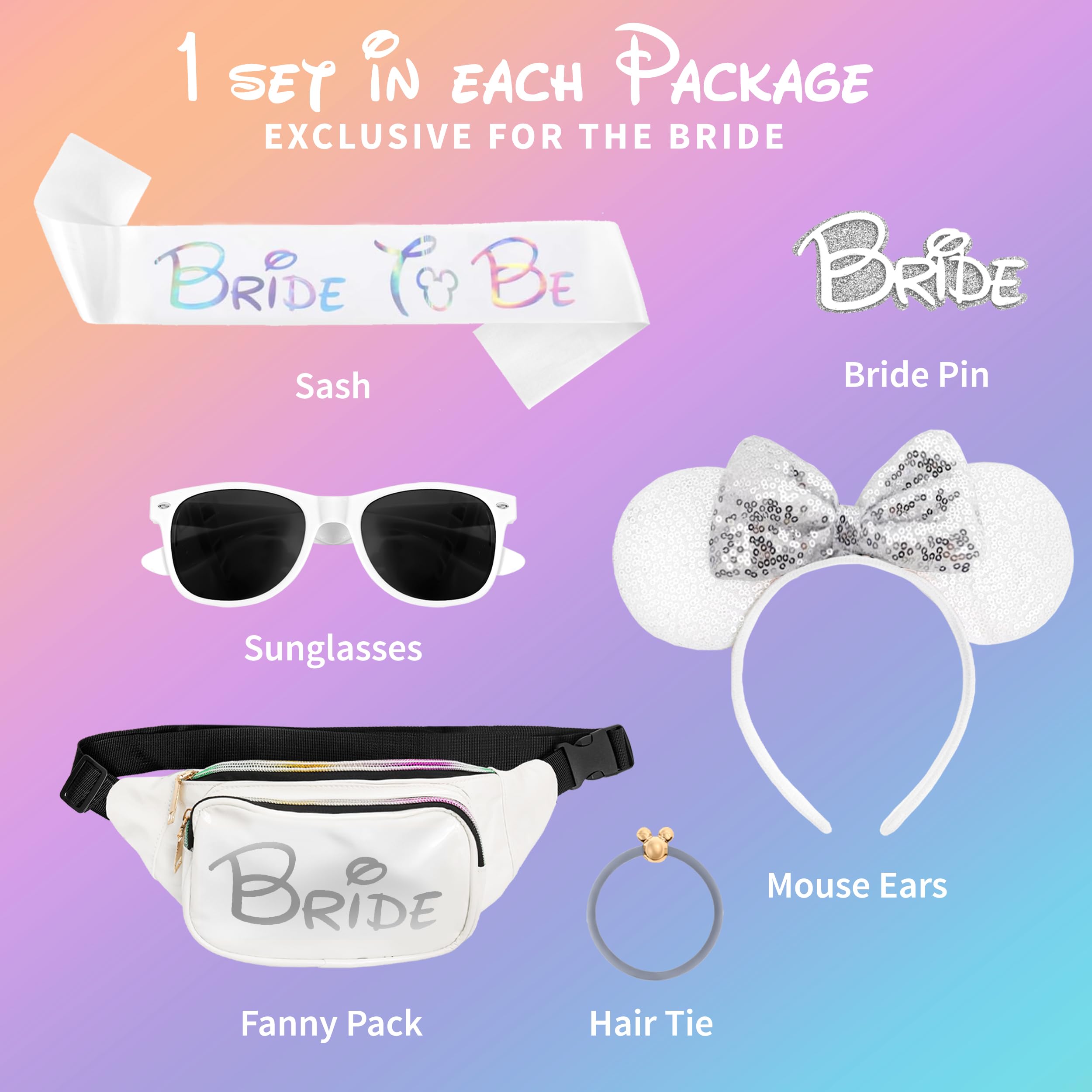 Chug Buddy Mouse Ears Set - Bride Accessories - Bachelorette Party Favors - Bride Bachelorette Outfit Accessories to Match Bachelorette Outfit for Bride - Magic Kingdom (Iridescent/White Bride, 1)