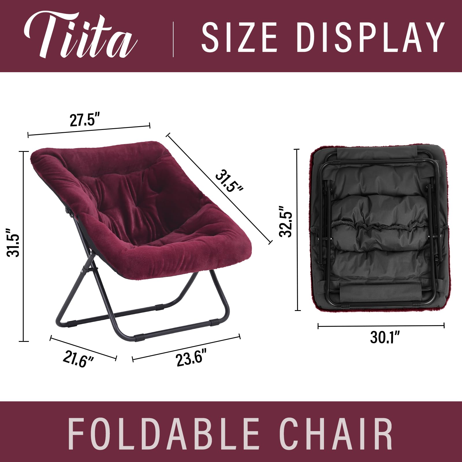 Tiita Comfy Saucer Chair, Soft Faux Fur Oversized Folding Accent Chair, Lounge Lazy Chair for Kids Teens Adults, Metal Frame Moon Chair for Bedroom, Living Room, Dorm Rooms