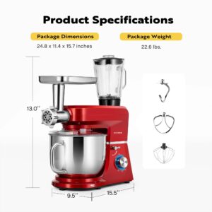 VIVOHOME 6 in 1 Multifunctional Stand Mixer with 8.5 Quart Stainless Steel Bowl, 660W 10 Speed Tilt-Head Meat Grinder, Juice Blender, Vegetable Slicer, Pasta and Cookie Maker, Red