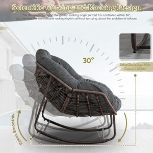 Antetek Outdoor Patio Rocking Chair, Comfy Wicker Egg Chair with Padded Cushion, Oversized Rocker for Indoor & Outside, Modern Lounge Chair for Front Porch, Balcony, Garden, Lawn, Living Room, Grey