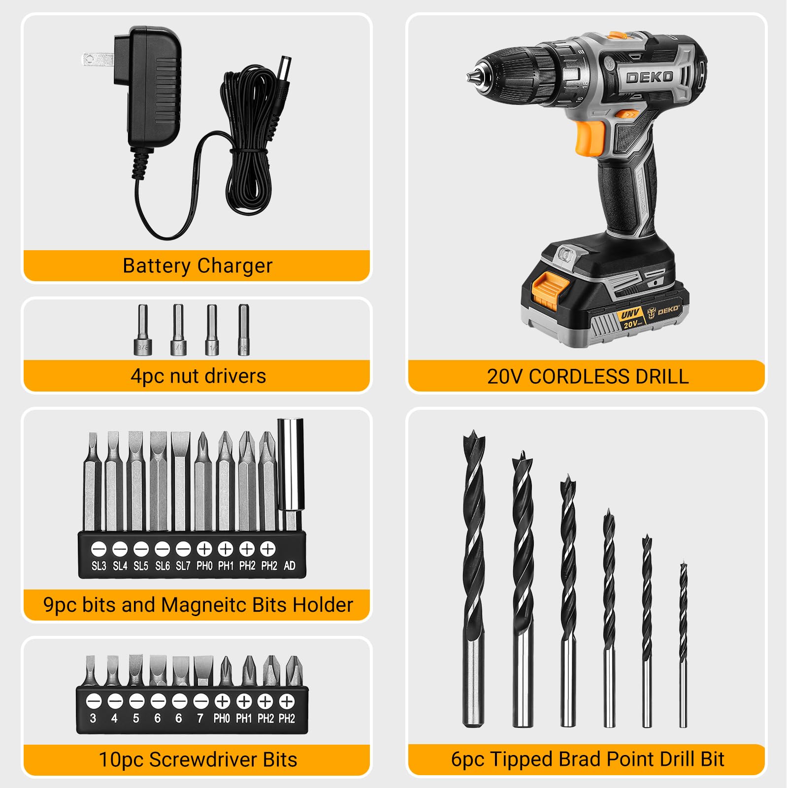 Power Drill Cordless: DEKO PRO Cordless Drill 20V Electric Power Drill Set Tool Drills Cordless Set with Battery and Charger 20 Volt Drill Driver Kit