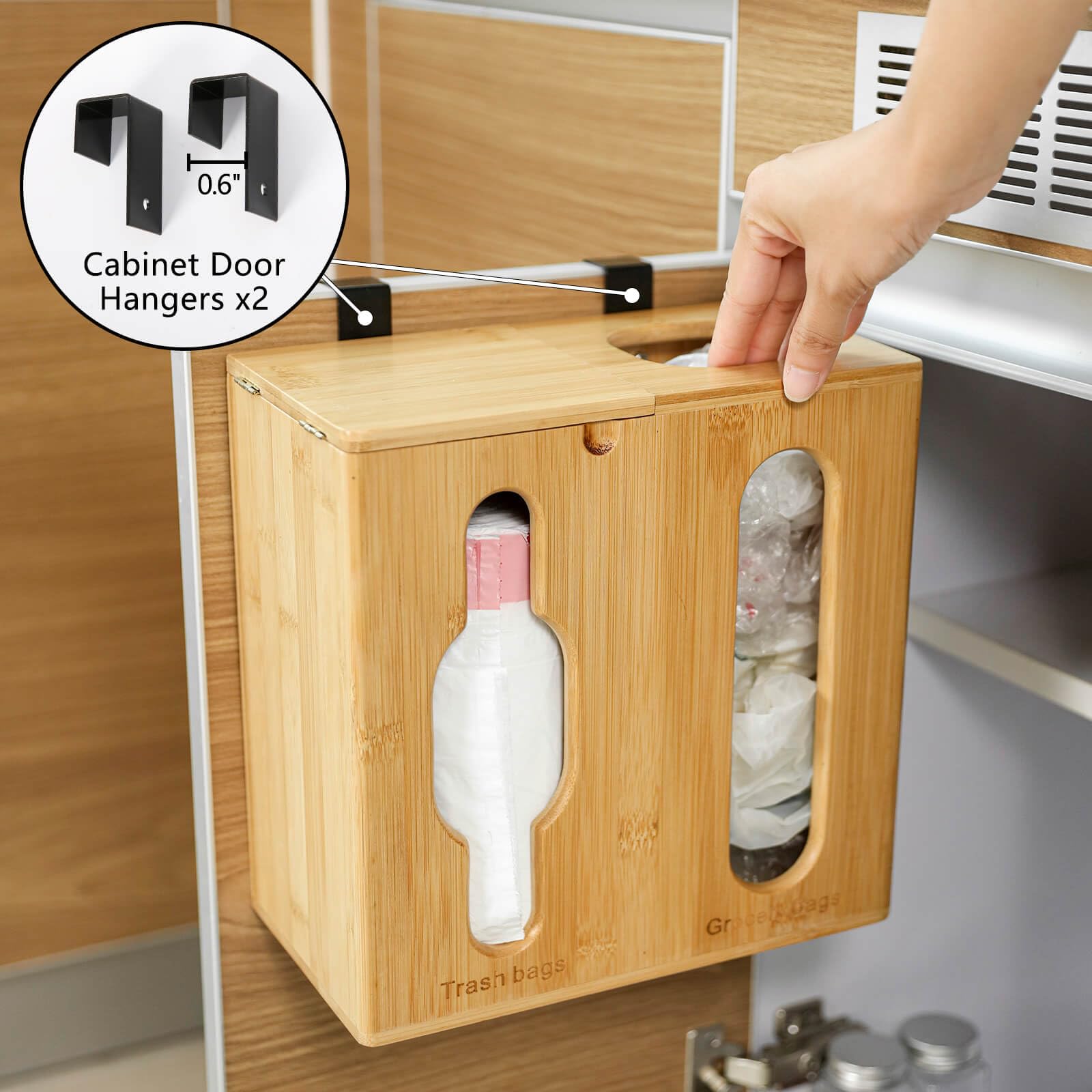 Grocery Bag Holder & Trash Bag Dispenser-2 in 1-Bamboo Plastic Bag Holder with Large Storage Capacity and Wall-Mounted Design, Grocery Plastic Bag Dispenser for Kitchen and Laundry Room Organization