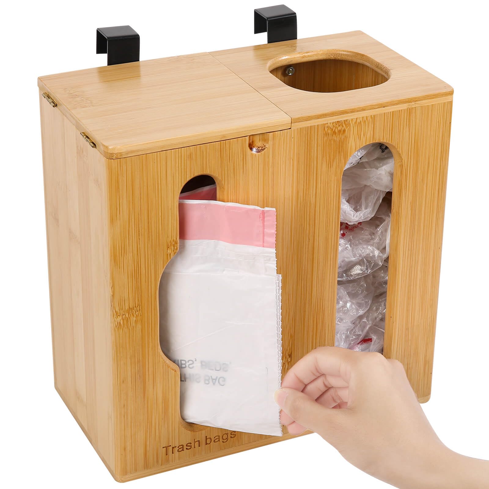 Grocery Bag Holder & Trash Bag Dispenser-2 in 1-Bamboo Plastic Bag Holder with Large Storage Capacity and Wall-Mounted Design, Grocery Plastic Bag Dispenser for Kitchen and Laundry Room Organization