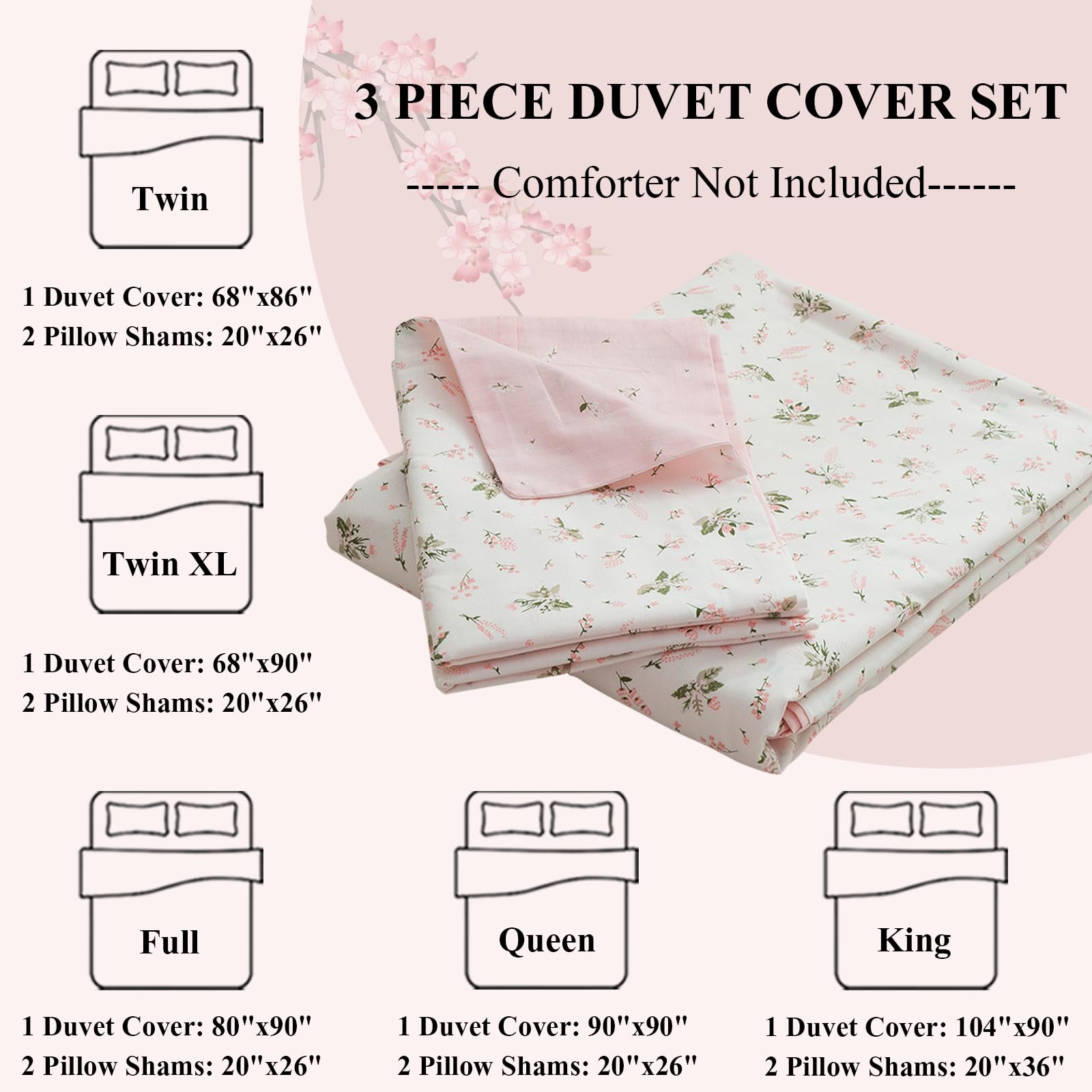 Floral Girls Duvet Cover Full Size Cotton Pink Floral Duvet Cover Chic Garden Flower Bedding Sets Lightweight Soft Aesthetic Floral Comforter Cover 1 Full Duvet Cover with 2 Pillowcases, No Comforter