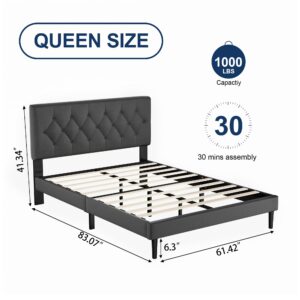 Queen Size Platform Bed Frame with Upholstered Headboard, Button Tufted Design, No Box Spring Needed, Dark Grey