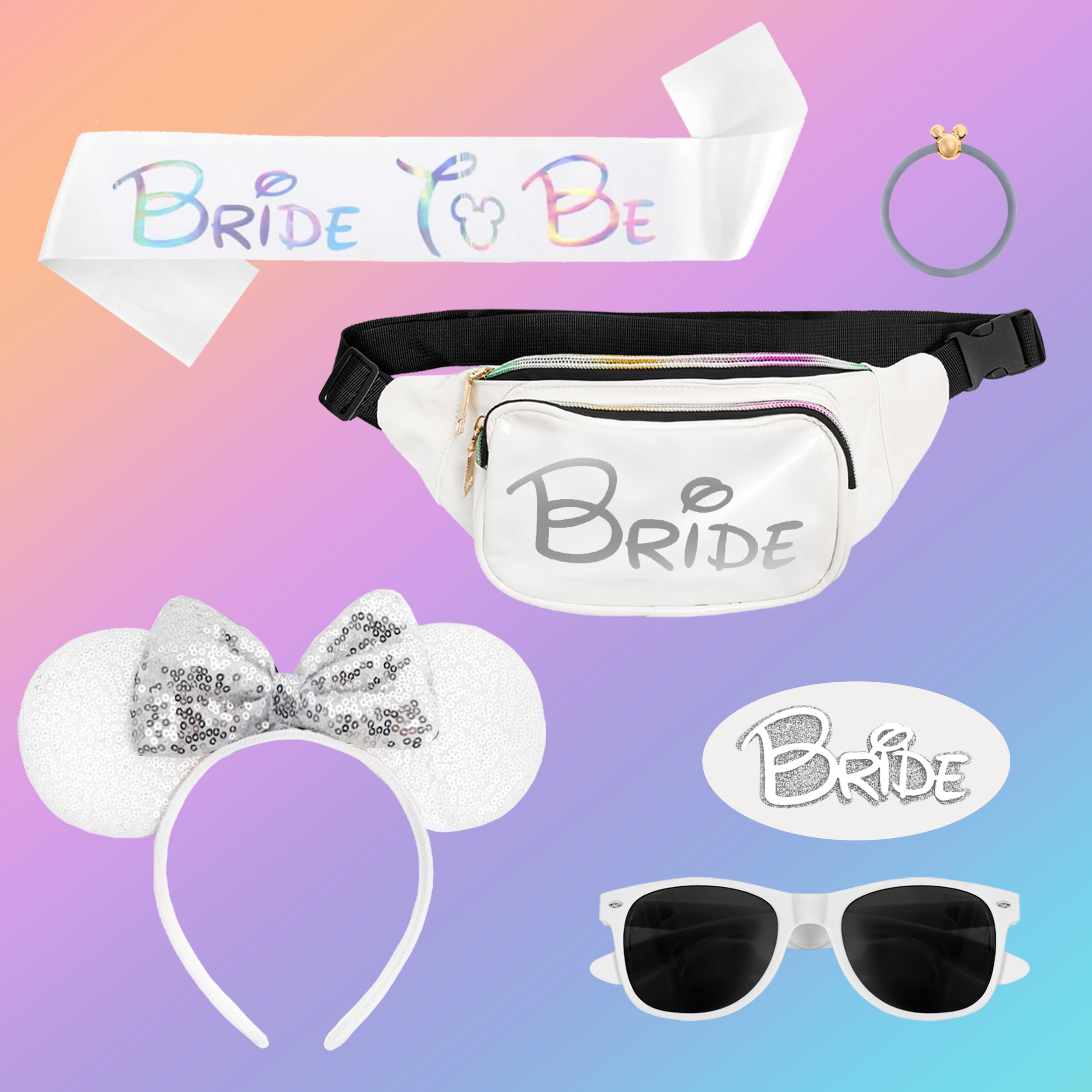 Chug Buddy Mouse Ears Set - Bride Accessories - Bachelorette Party Favors - Bride Bachelorette Outfit Accessories to Match Bachelorette Outfit for Bride - Magic Kingdom (Iridescent/White Bride, 1)