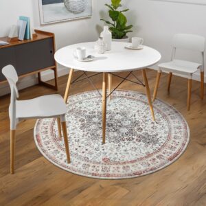 Moespace Washable Round Rug 4x4 ft, Boho Circle Area Rug for Bedroom, Low-Pile Entryway Carpet Print Distressed Accent Floral Circular Rug for Kitchen Foyer Laundry Room Office, Taupe