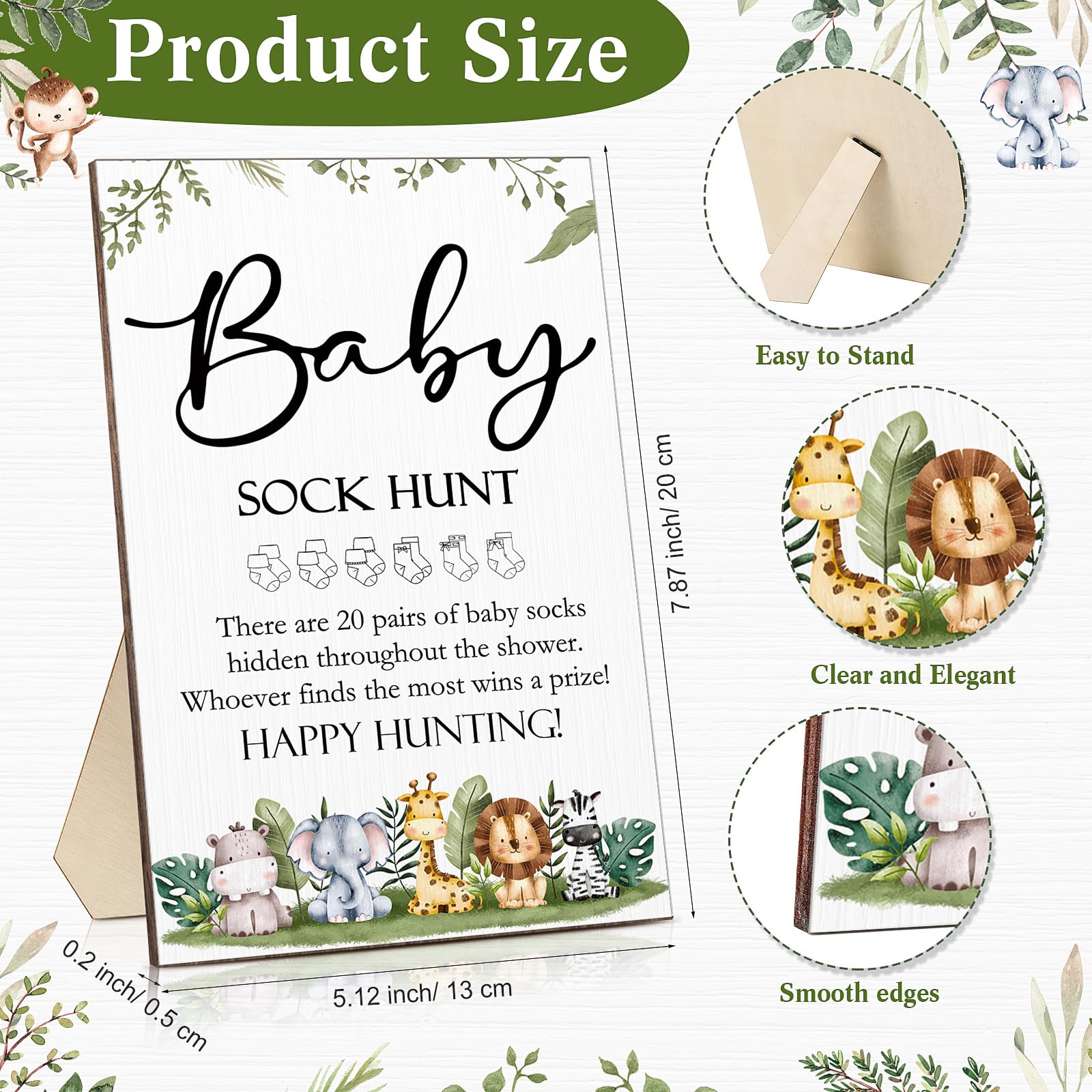 Hoteam 21 Pcs Baby Shower Games Include Baby Sock Hunt Sign and 20 Pair Small Cotton Baby Socks Wooden Table Sign with Holder for Boy and Girl Gender Reveal Party Favors(Safari,Animal Style)