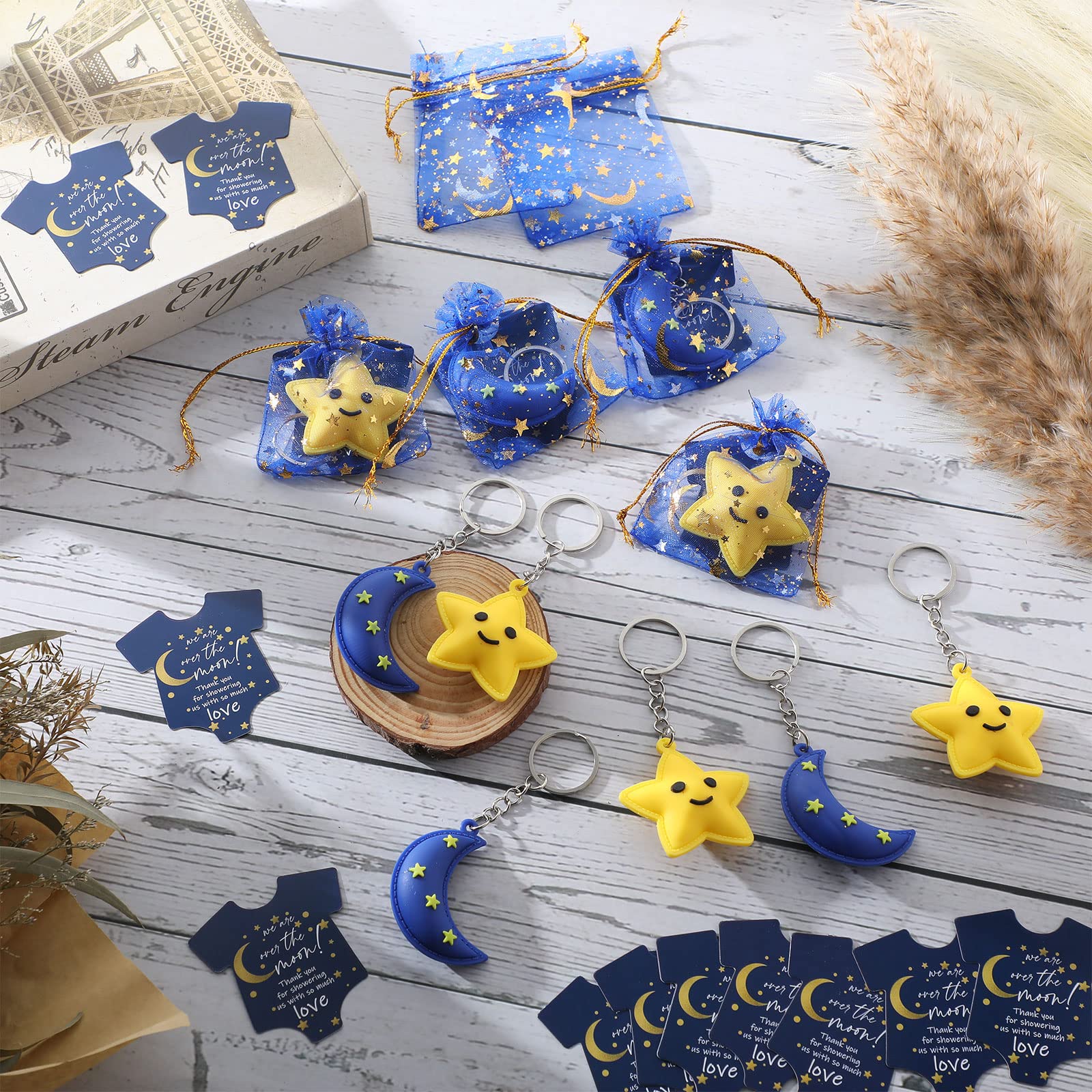 Huquary 300 Pcs Baby Shower Keychain Decoration Baby Shower Party Favors Moon Star Keychains Little Star Favors Thank You Cards Organza Bags for Guests Gender Reveal Keepsakes