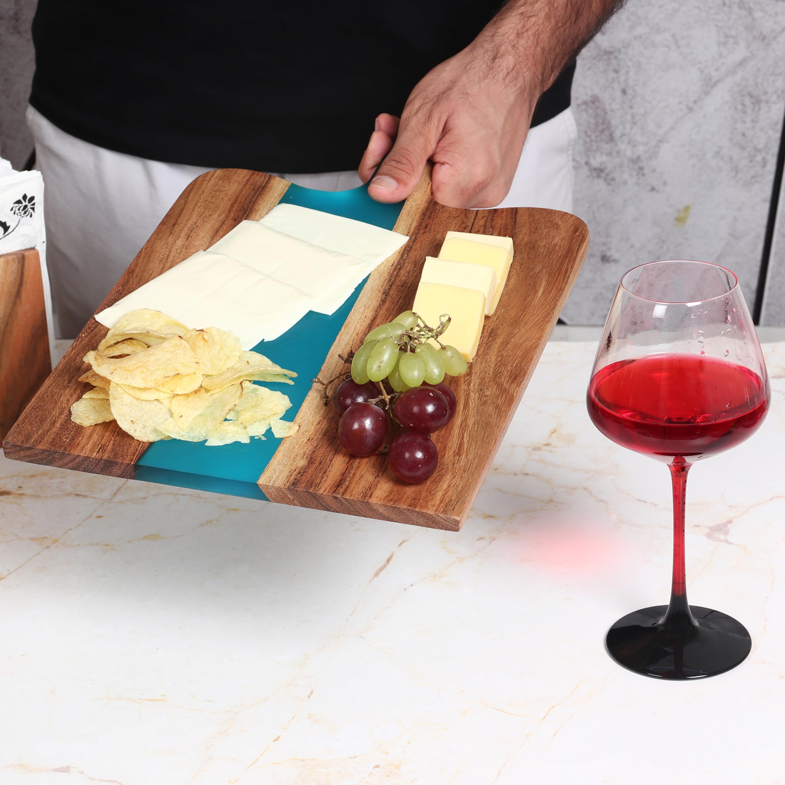 LAVAUK Acacia Wood & Epoxy cheese board | 16.5x10inch | Use as serving platter tray for charcuterie, appetizers, Snacks, dishes | Resin Cutting Board for fruits and vegetables | Turquoise