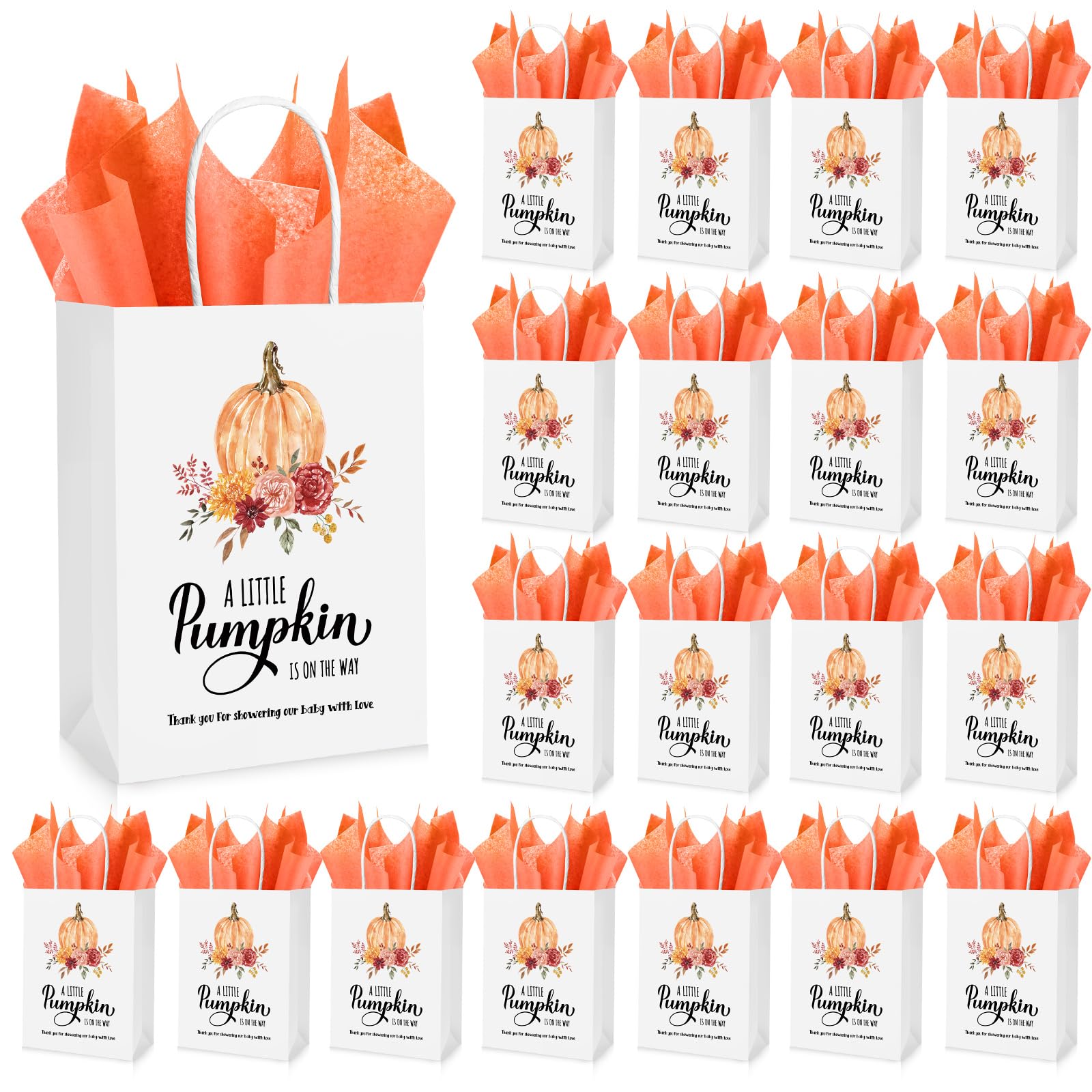 Cholemy 25 Set Pumpkin Gift Bags A Little Pumpkin Is On The Way Gift Bags with Tissue Paper Fall Gift Bags Baby Shower Candy Bags