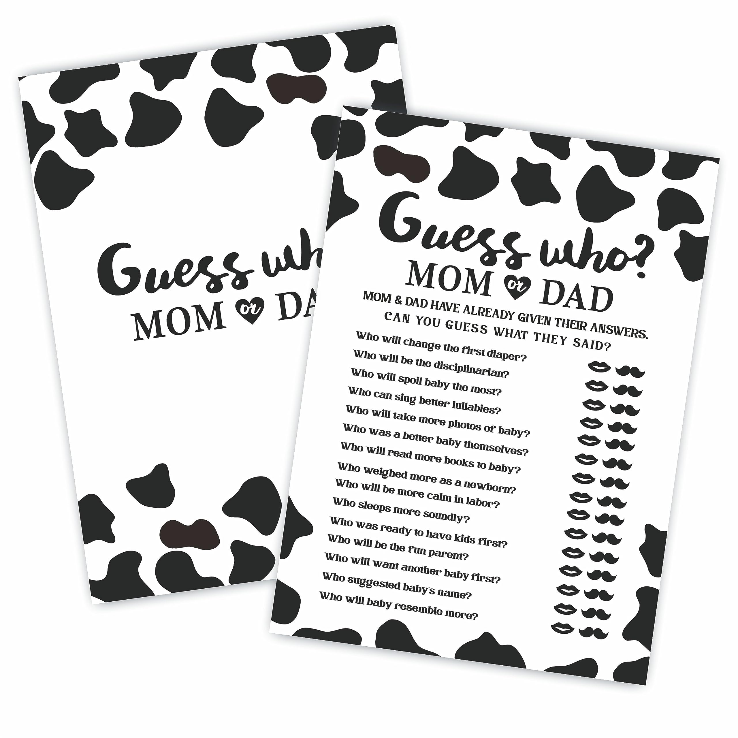 TPYEN 30 Cow Prints Guess Who? Mom Or Dad Baby Shower Game, 5 X 7 Inches Double Sided Fill-in Game Cards for Boys Or Girls, Gender Neutral Party Favor & Supplies-(C03)