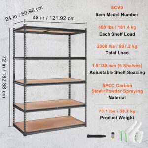 VEVOR Storage Shelving Unit, 5-Tier Adjustable, 2000 lbs Capacity, Heavy Duty Garage Shelves Metal Organizer Utility Rack, Black, 48" L x 24" W x 72" H for Kitchen Pantry Basement Bathroom Laundry