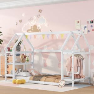 house bed with storage, twin size montessori floor bed with detachable shelves and hanging rod, wooden floor bed with rails and 2 stands for kids boys girls teens, white